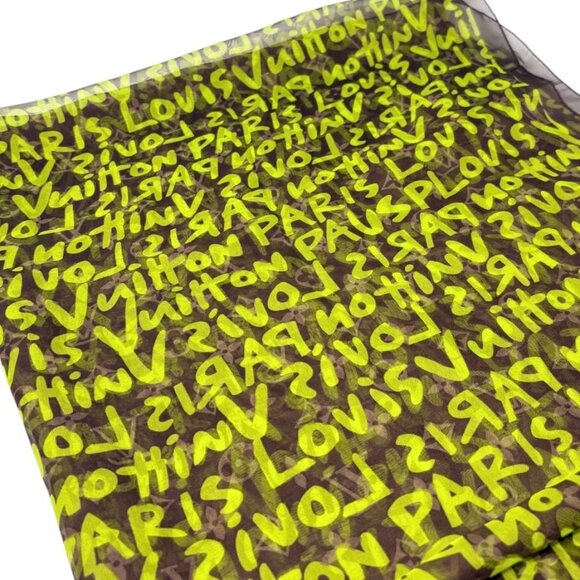 LOUIS VUITTON Vintage LV Monogram Logo Graffiti Scarf Green Brown Silk [106311] - Picture 6 of 10